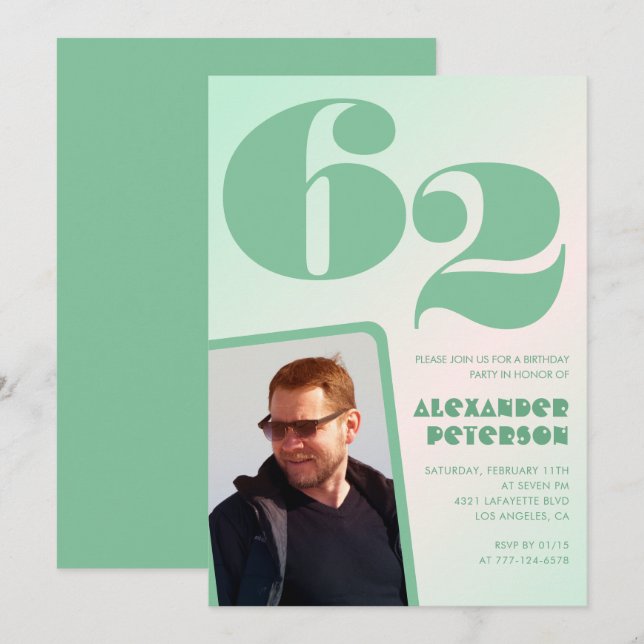 Gröna gradient 62-års födelsedagsinbjudningar Pojk Inbjudningar (Fram/baksida)