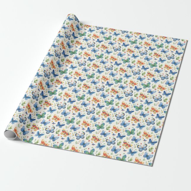 Gröna Gula Blå Fjärilar och Blommor Presentpapper (Utrullad)