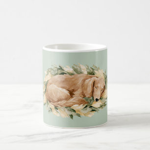 Gröna gula blad faller sovande hund kaffemugg
