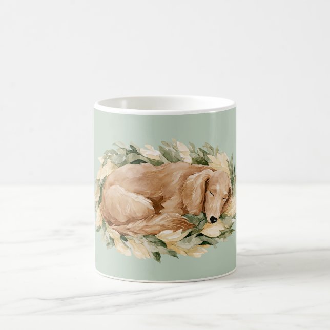 Gröna gula blad faller sovande hund  kaffemugg (Center)