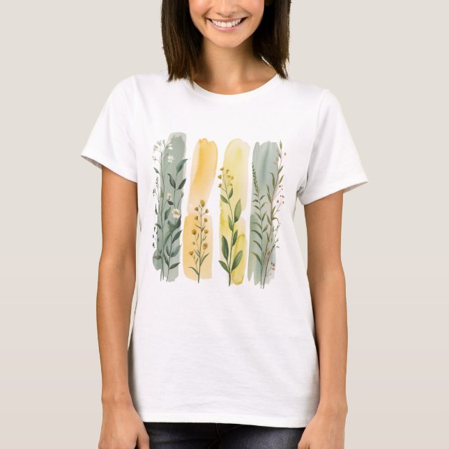 GRÖNA GULA ORANGE BOHO VILDblommor T Shirt (Framsida)