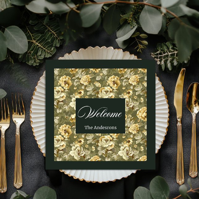 Gröna Guld Blommiga Servetter Modern Chic Porslin (Green Gold Floral Napkins Modern Chic Tableware)