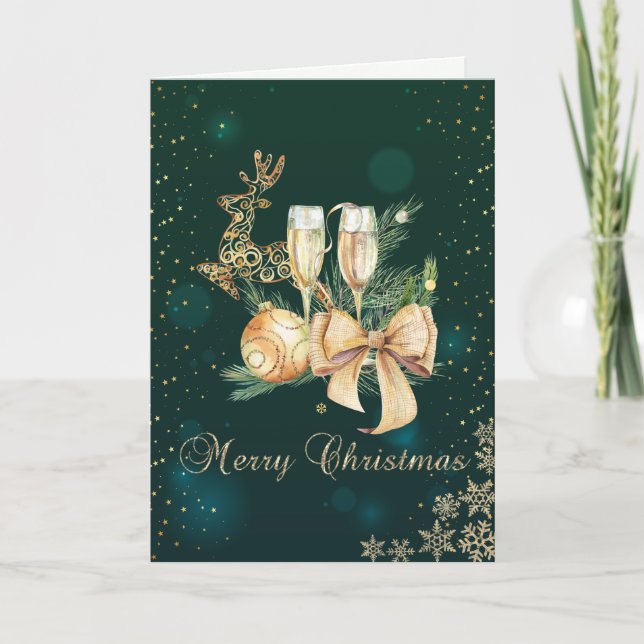 Gröna, Guld Julkulor, Vinglas, Snöflingor  Helgkort (Framsida)