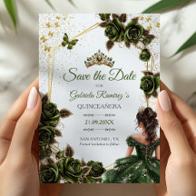 Gröna gyllene tiara rosor fjäril Quinceañera