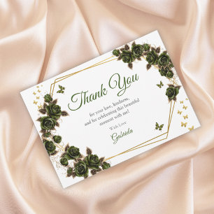 Gröna Gyllene Tiara Rosor Fjäril Quinceañera Tack Kort
