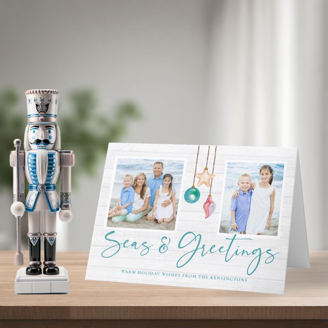Gröna hav och hälsningar Skalprydnad Foto Helgkort (Teal Seas and Greetings Seashell Ornament Photo Holiday Card)
