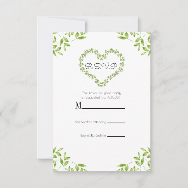 Gröna hjärtblad shabby chic grönska RSVP svar (Framsida)