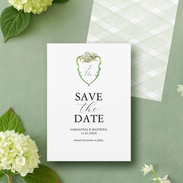 Gröna Hortensia Bröllopsmonogram Rädda Datum-kort Spara Datumet (Green and white wedding hydrangea Save The Dates by Victoria Grigaliunas Do Tell A Belle)