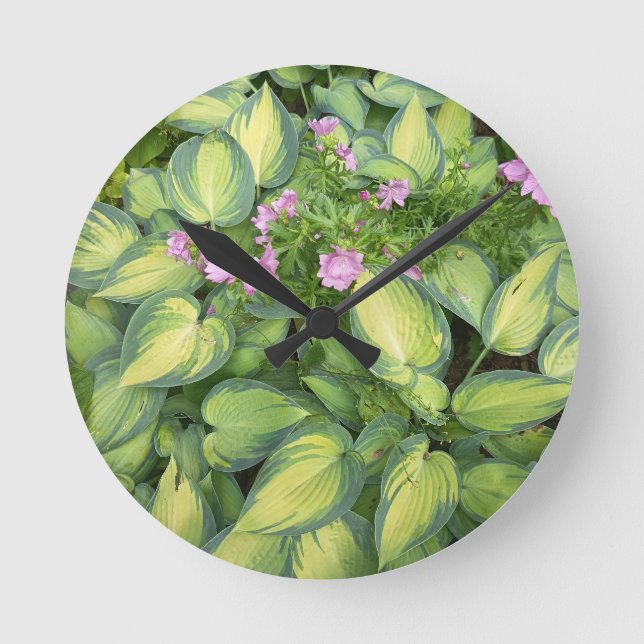 Gröna Hosta Löv Botanisk Blommig Rund Väggklocka (Framsida)