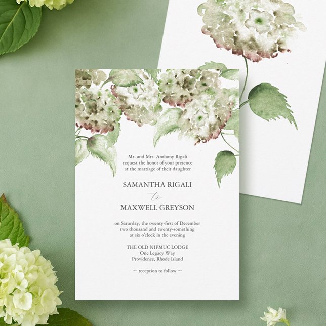 Gröna Hydrangea Formella Bröllopsinbjudningar Inbjudningar (green and antique hydrangea wedding invitations hand painted watercolor art Victoria Do Tell A Belle)