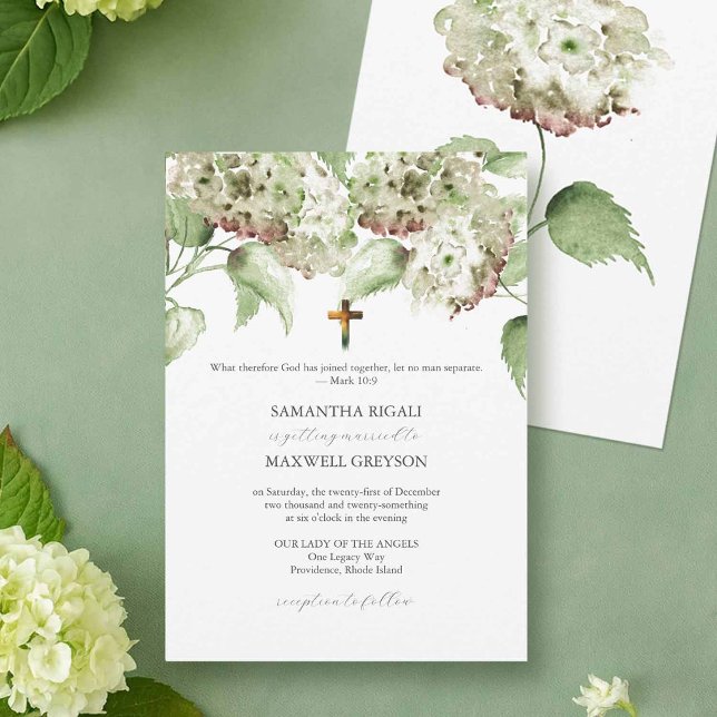 Gröna Hydrangea Katolska Bröllopsinbjudningar Inbjudningar (Elegant Catholic wedding invitation with hand painted watercolor hydrangea flowers.)