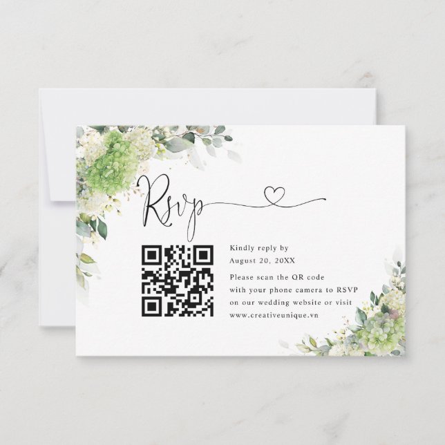 Gröna Hydrangeas Bröllopswebbplats QR-kod RSVP  OSA Kort (Framsida)
