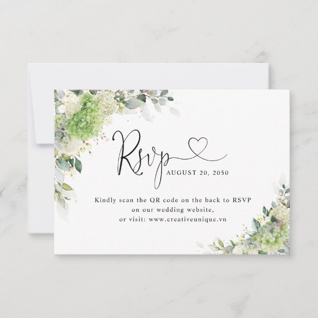 Gröna Hydrangeas Bröllopswebbplats QR-kod RSVP  OSA Kort (Framsida)