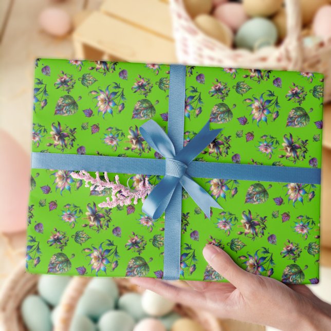 Gröna jugendfönstermålade aklejorblommor presentpapper (Skapare uppladdad)
