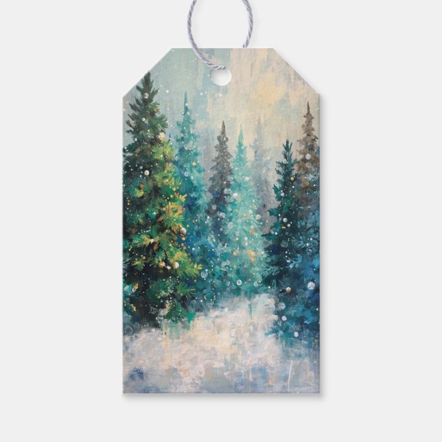 Gröna julgranar vinter skog presentetikett (Framsidan)