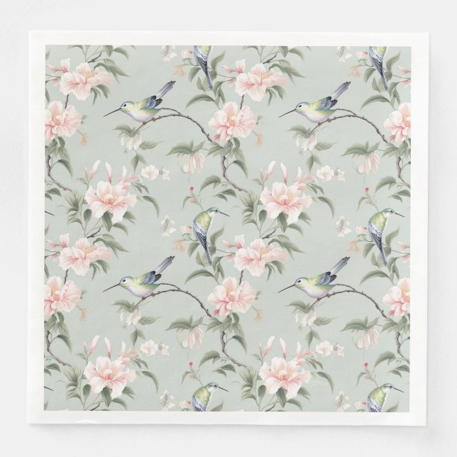 Gröna Kolibrier Med Rosa Blommor  Pappersservett (Framsida)