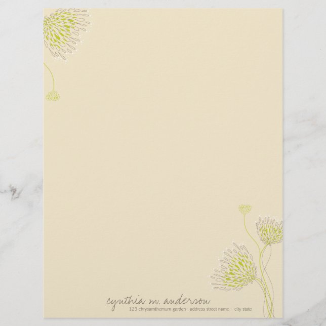 Gröna Krysantemum Blommor Elegant Chic Blommig Brevhuvud (Framsida)