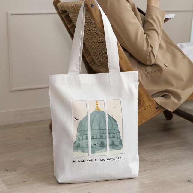 Gröna kupolen i Masjid an-Nabi akvarelltriptyk Tygkasse (Masjid an-Nabi Green Dome watercolor tote – luxury Islamic gift & faith statement.)