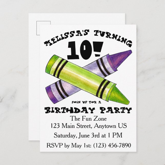 Gröna Lila Konstkritor Barn Födelsedagsfest Inbjudan Vykort (Fram/baksida)