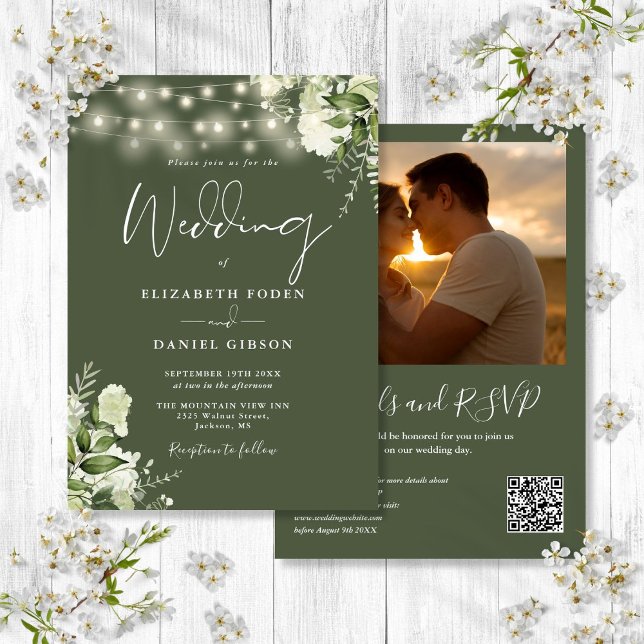 Gröna ljus QR-kod Foto Olivgrön Bröllopsdekor Inbjudningar (Greenery Lights QR Code Photo Olive Green Wedding Invitation)