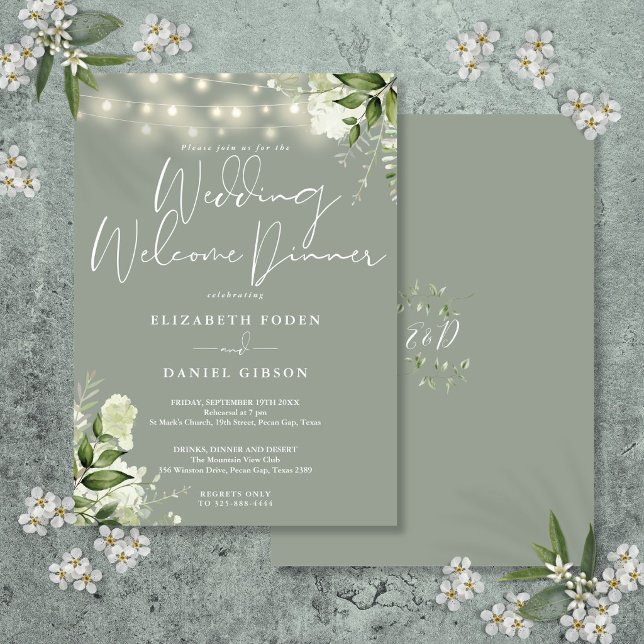 Gröna Ljussatta Sälggröna Bröllops Välkomst Middag Inbjudningar (Greenery Lights Sage Green Wedding Welcome Dinner Invitation)