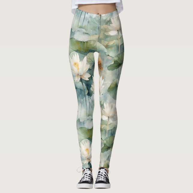 Gröna Lotusblommor Serenitet Leggings (Framsida)
