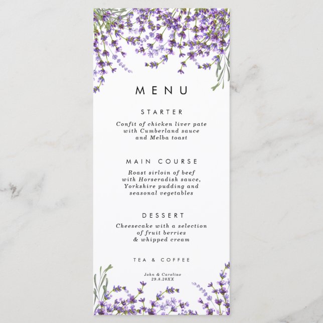 Gröna menykort för lavender blommigt bröllop meny (Framsida)