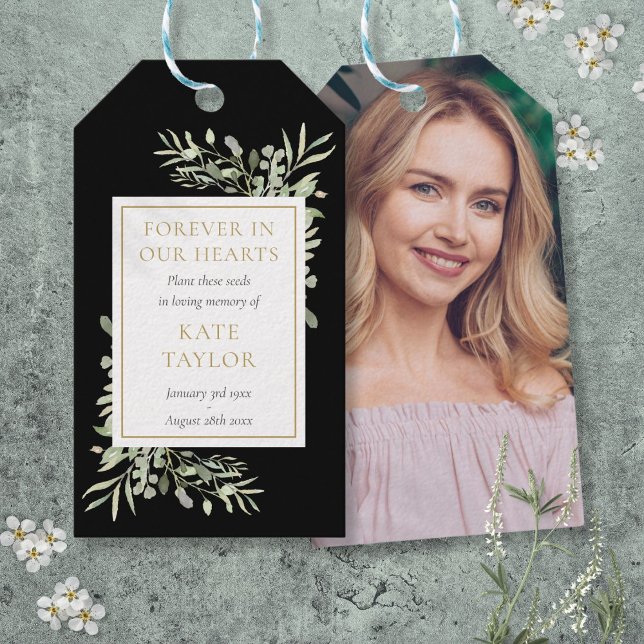 Gröna minnesfröpaket med foto presentetikett (Greenery Funeral Memorial Seed Packet Photo Gift Tags)