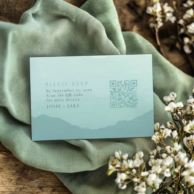Gröna mjuka berg bröllop RSVP med QR-kod Tilläggskort (A Simple and Elegant Way to Collect RSVPs Soft green painted mountains wedding rsvp with qr code)
