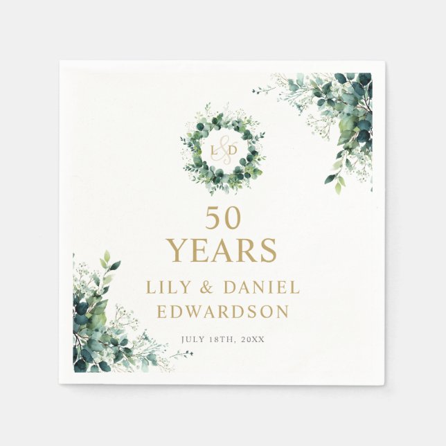 Gröna Monogram 50-årsjubileum Välkomstskylt Pappersservett (Framsidan)