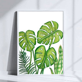 Gröna Monstera blad Ritning Färgade Pennor Konst Poster