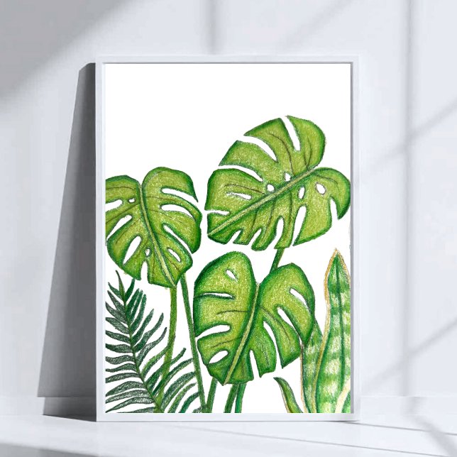 Gröna Monstera blad Ritning Färgade Pennor Konst Poster (Skapare uppladdad)