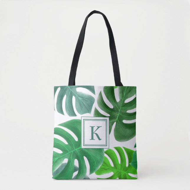 Gröna Monstera Växtblad Mönster Monogram Tygkasse (Framsida)