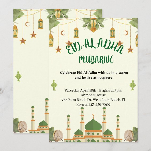 Gröna moskén Lyktor Festlig Eid Al-Adha-helg Inbjudningar (Fram/baksida)