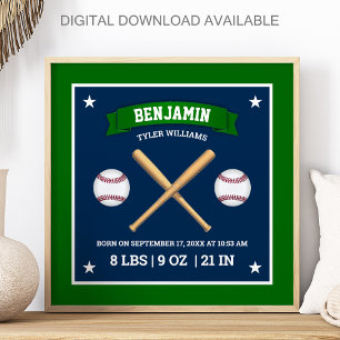 Gröna och blå basebollträn och bollar Födelse stat Poster