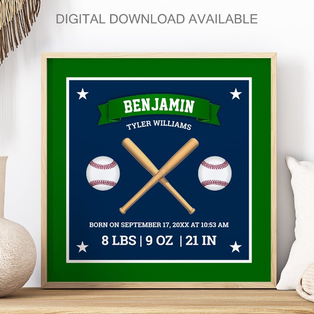 Gröna och blå basebollträn och bollar Födelse stat Poster (Skapare uppladdad)