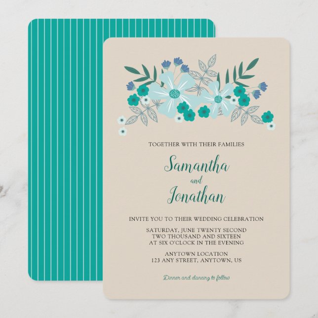 Gröna och blå blommor Enkel bröllopsinbjudan Inbjudningar (Fram/baksida)