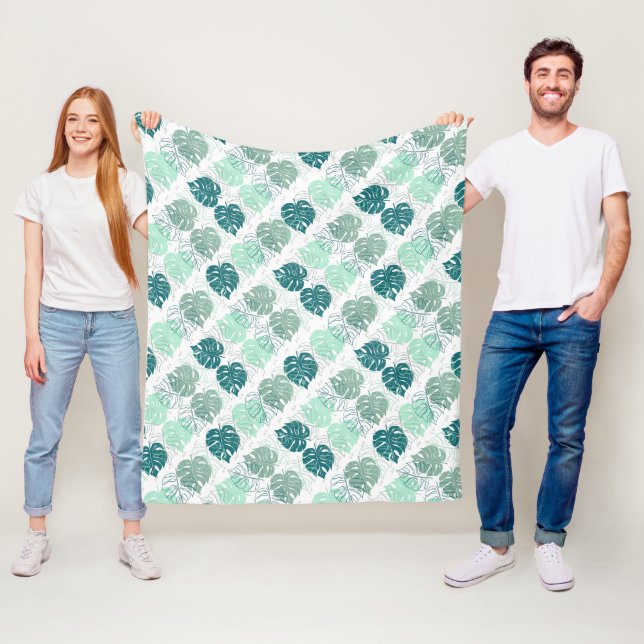 Gröna och grå monstera blad mönstrade fleecefilt (På plats)