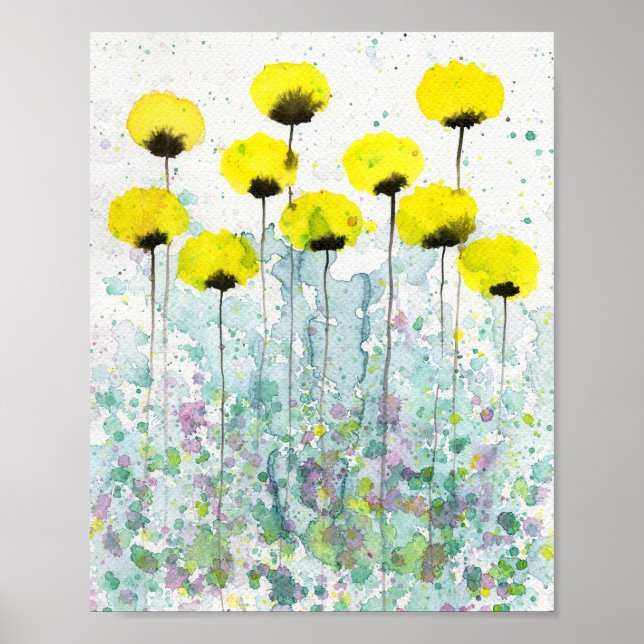 Gröna och grå vallmosor, Akvarell blommor vägg Poster (Framsidan)