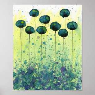 Gröna och gula akvarellblommor, modern vägg poster