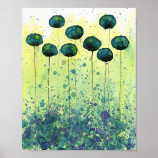Gröna och gula akvarellblommor, modern vägg poster