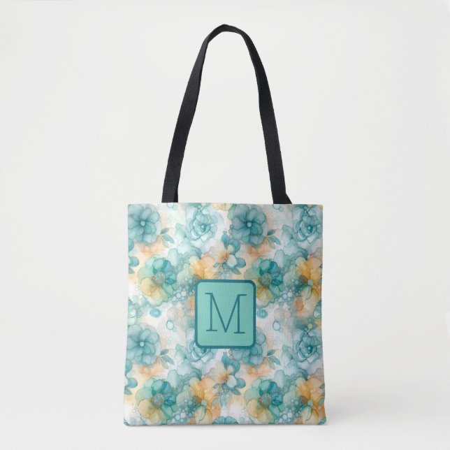 Gröna och gula blommor Färgblockmonogram Tygkasse (Framsida)