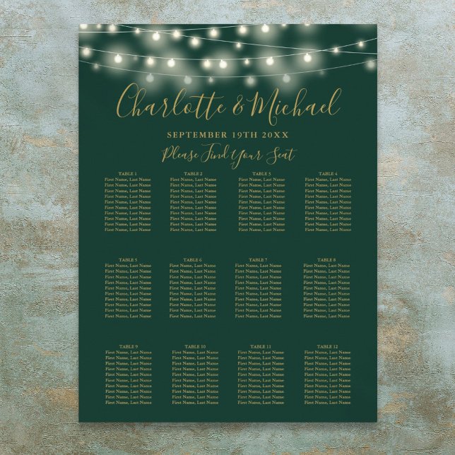 Gröna och Guld Färgade Stränglyktor Bröllopsplatsk Poster (Green And Gold String Lights Wedding Seating Chart)
