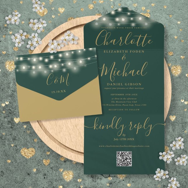 Gröna Och Guld Strängljus QR-kod Bröllop  (Green And Gold String Lights QR Code Wedding All In One Invitation)