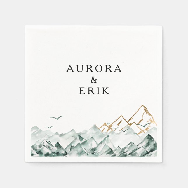 Gröna och guldbruna bergbröllopsservetter pappersservett (Framsidan)