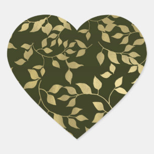 Gröna och Gyllene Falska Folie Botaniska blad Bröl Hjärtformat Klistermärke
