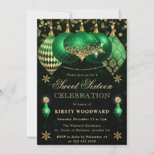 Gröna och gyllene glitterkulor Sweet Sixteen Inbjudningar