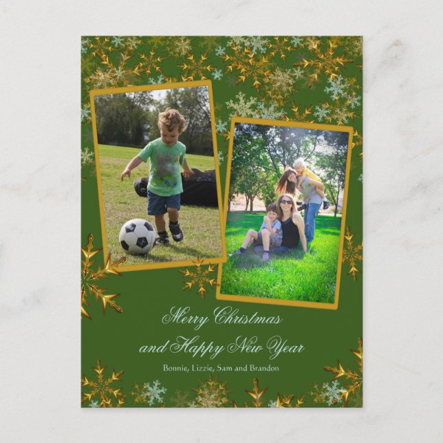 Gröna och gyllene julfotokort helg vykort (Framsida)