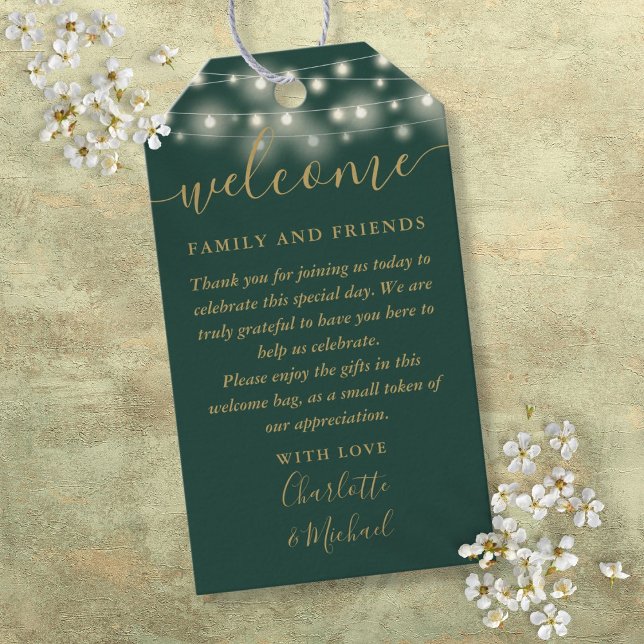 Gröna och gyllene ljus bröllop present välkomst ko presentetikett (Green And Gold Lights Wedding Favor Welcome Basket Gift Tags)