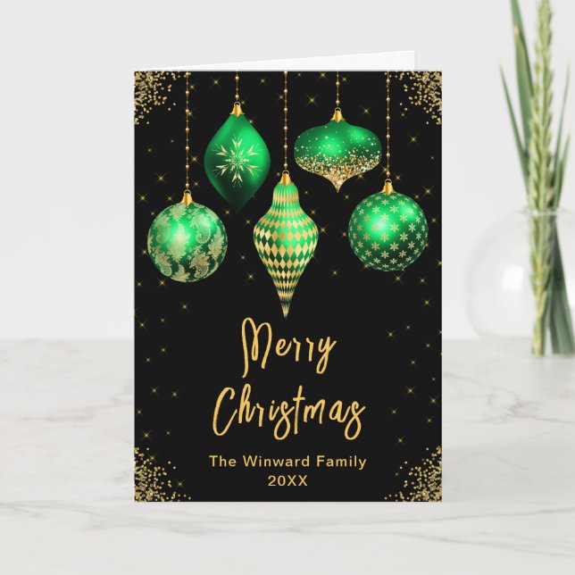 Gröna och Gyllene Ornament God Jul Helgkort (Framsida)